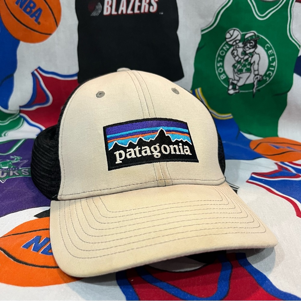 Patagonia Classic Logo Mesh Snap Back Hat Cap Two Tone Tan/Gray and Black